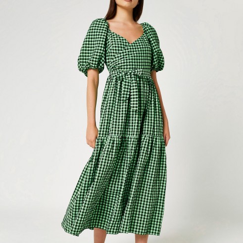 RIVER ISLAND Green v neck belted puff sleeve midi dress – checked tie waist dresses - flipped