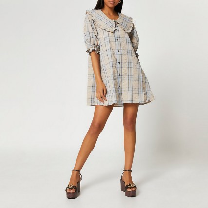 River Island Grey check short puff sleeve collar dress | checked flared dresses | ruffle trim oversized collars - flipped