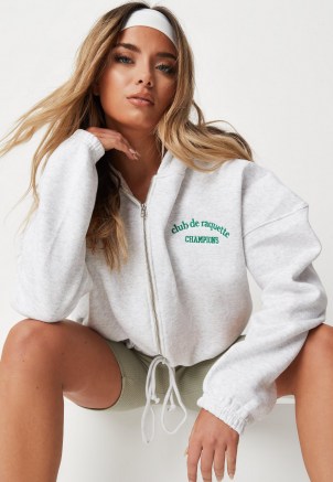 MISSGUIDED hannah renée edit grey marl raquette embroidered zip through crop hoodie ~ womens hooded tops ~ women’s slogan hoodies