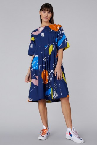 Ellen Rutt x Gorman INCOMPLETE THOUGHT SADIE DRESS – blue abstract print organic cotton smocked dresses