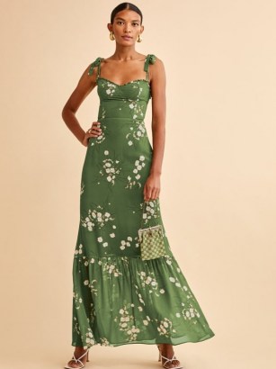 REFORMATION Jasen Dress in Lomita / green floral summer occasion maxi dresses / tiered hem / tie shoulder straps / womens feminine event fashion - flipped