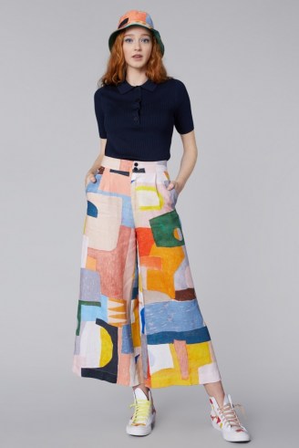 Ellen Rutt x Gorman Joy Ride Linen Pant – printed wide leg trousers – cropped multicoloured pants