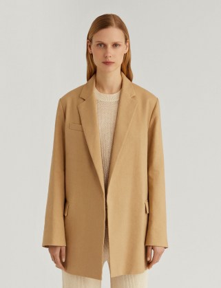 JOSEPH Stretch Linen Cotton Julia Jacket Toffee ~ womens light brown longline open front jackets - flipped