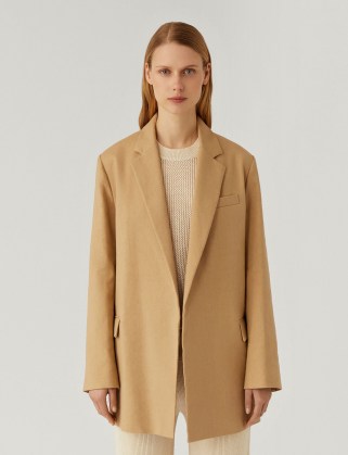 JOSEPH Stretch Linen Cotton Julia Jacket Toffee ~ womens light brown longline open front jackets