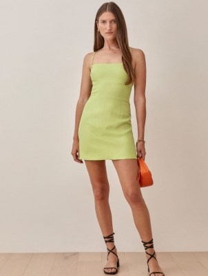 REFORMATION Karsten Linen Dress Spearmint ~ green open strappy cross back mini dresses ~ womens linen fashion - flipped