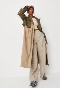 MISSGUIDED khaki colourblock double breasted trench coat ~ womens colour block coats ~ tie cuff detail
