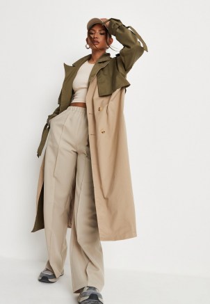 MISSGUIDED khaki colourblock double breasted trench coat ~ womens colour block coats ~ tie cuff detail - flipped