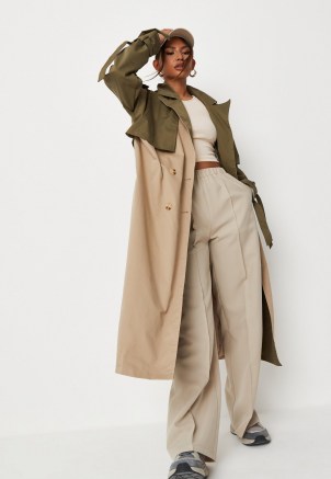 MISSGUIDED khaki colourblock double breasted trench coat ~ womens colour block coats ~ tie cuff detail