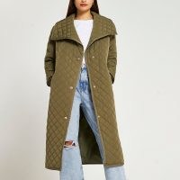 RIVER ISLAND Khaki longline quilted padded coat | womens green quilt detail coats