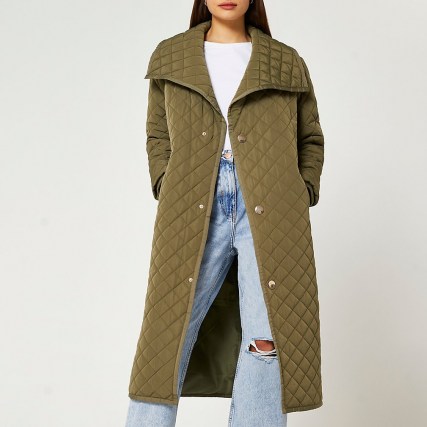 RIVER ISLAND Khaki longline quilted padded coat | womens green quilt detail coats - flipped