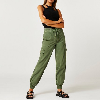 RIVER ISLAND Khaki loose cargo trousers ~ womens green cuffed jogger pants ~ pocket detail jogging bottoms - flipped