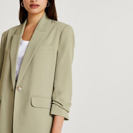 RIVER ISLAND Khaki oversized blazer ~ womens ruched sleeve blazers ~ women’s green on trend gathered detail jackets