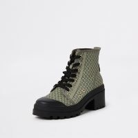 RIVER ISLAND Khaki RI monogram canvas lace up ankle boots ~ womens green chunky boots ~ women’s casul on trend footwear