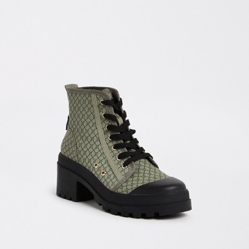 RIVER ISLAND Khaki RI monogram canvas lace up ankle boots ~ womens green chunky boots ~ women’s casul on trend footwear - flipped