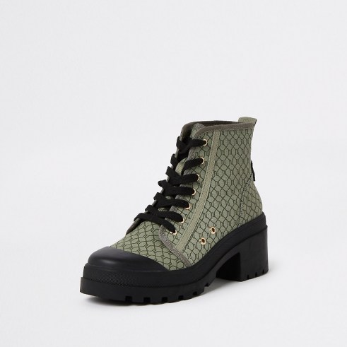 RIVER ISLAND Khaki RI monogram canvas lace up ankle boots ~ womens green chunky boots ~ women’s casul on trend footwear
