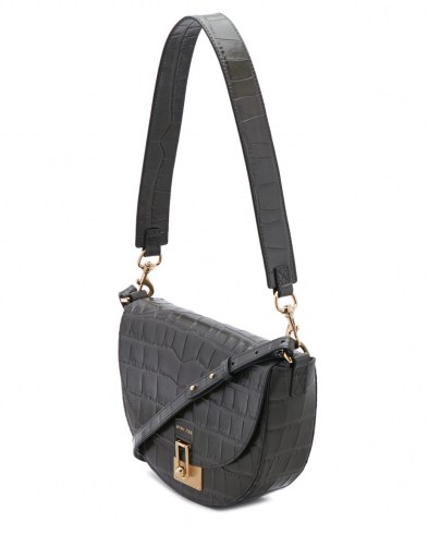 JIGSAW LEATHER AUDLEY SHOULDER BAG TAUPE ~ croc embossed saddle bags ~ crocodile effect handbags - flipped