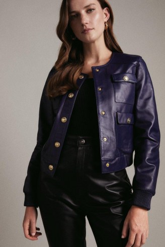 KAREN MILLEN Leather Pocket Bomber Jacket ~ luxe cobalt blue jackets