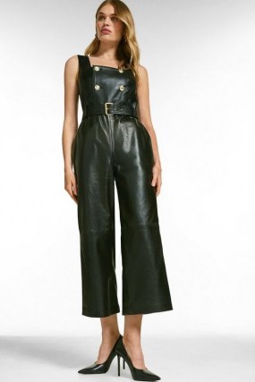 KAREN MILLEN Leather Square Neck Db Cropped Jumpsuit ~ sleeveless crop leg jumpsuits ~ luxe fashion - flipped