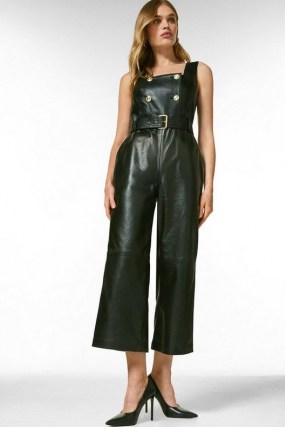 KAREN MILLEN Leather Square Neck Db Cropped Jumpsuit ~ sleeveless crop leg jumpsuits ~ luxe fashion