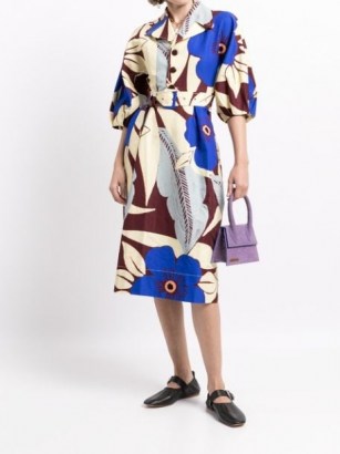 Lee Mathews graphic-print dress / womens retro print fashion / floral belted cotton-silk blend dresses - flipped