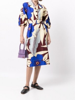Lee Mathews graphic-print dress / womens retro print fashion / floral belted cotton-silk blend dresses