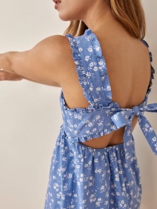 REFORMATION Liah Dress in Lassen / blue ditsy floral print open back mini dresses / ruffle trim - flipped