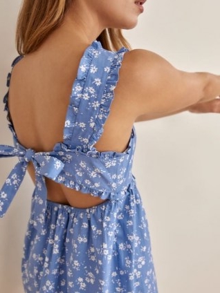 REFORMATION Liah Dress in Lassen / blue ditsy floral print open back mini dresses / ruffle trim