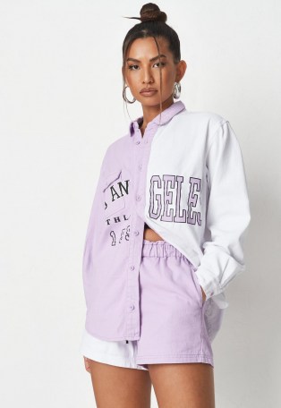 MISSGUIDED lilac co ord colourblock varsity denim shirt ~ womens on trend slogan print shirts