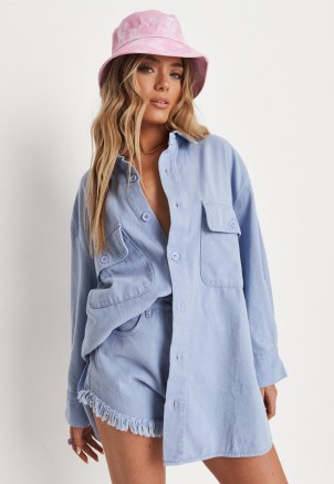 Missguided lilac co ord oversized denim shirt | womens casual curved hem shirts - flipped