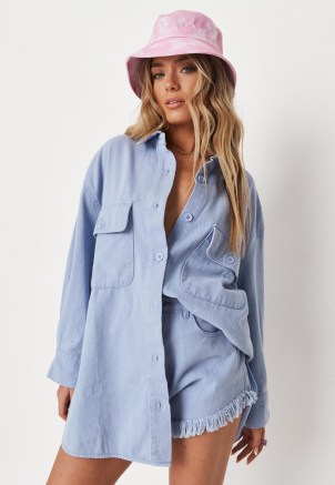 Missguided lilac co ord oversized denim shirt | womens casual curved hem shirts