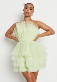 MISSGUIDED lime tulle ruffle bandeau mini dress ~ green strapless party dresses ~ womens ruffled on trend occasion fashion ~ tiered partywear