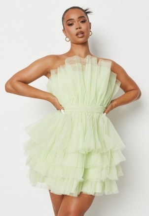 MISSGUIDED lime tulle ruffle bandeau mini dress ~ green strapless party dresses ~ womens ruffled on trend occasion fashion ~ tiered partywear - flipped