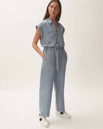 JIGSAW LINEN UTILITY JUMPSUIT COASTAL BLUE / short sleeve tie waist jumpsuits / womens utilitarian fashion - flipped