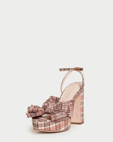 LOEFFLER RANDALL Natalia Plaid Platform Bow Heel ~ tartan block heel platforms ~ womens feminine check print ankle strap sandals - flipped