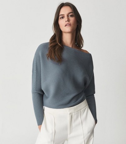 Reiss LORNA ASYMMETRIC KNITTED TOP TEAL | off one shoulder jumpers | womens rib knit tops - flipped