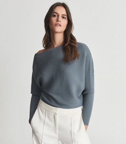 Reiss LORNA ASYMMETRIC KNITTED TOP TEAL | off one shoulder jumpers | womens rib knit tops