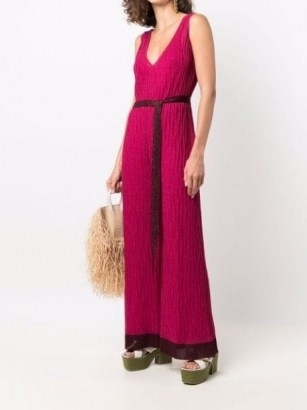 M Missoni pink metallic-knit V-neck sleeveless jumpsuit ~ knitted tie waist jumpsuits ~ womens designer fashion