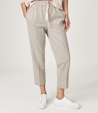 REISS MAISIE TEXTURED DRAWCORD TROUSERS SILVER GREY ~ cropped loungewear trousers ~ womens jogger style lounge pants ~ women’s smart crop leg jogging bottoms - flipped