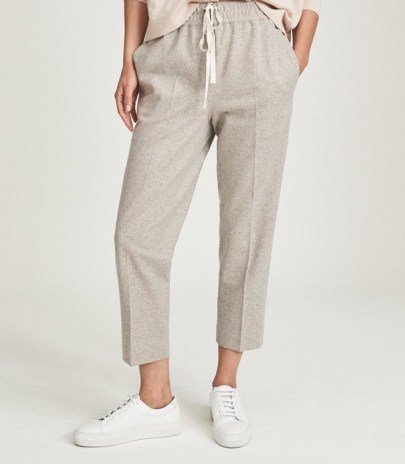 REISS MAISIE TEXTURED DRAWCORD TROUSERS SILVER GREY ~ cropped loungewear trousers ~ womens jogger style lounge pants ~ women’s smart crop leg jogging bottoms