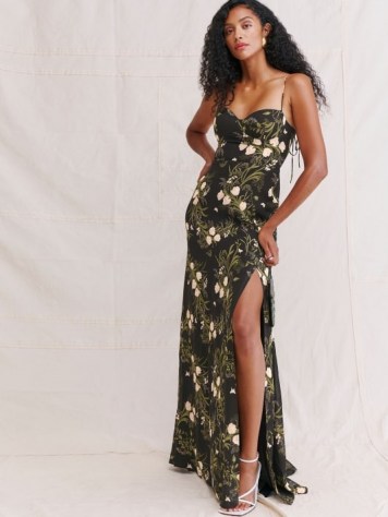 REFORMATION Melita Dress in Anastasia | flotal spaghetti strap maxi dresses | thigh high slit hem | split hemline | skinny strap summer occasion fashion