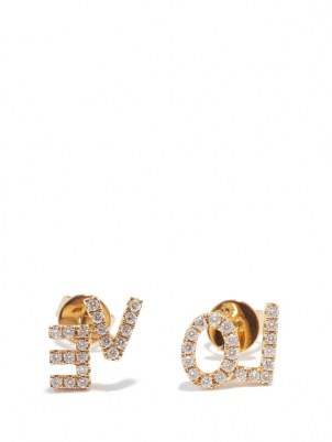 ROSA DE LA CRUZ Love Text diamond & 18kt gold earrings ~ luxe slogan studs ~ womens fine jewellery ~ stud earrings ~ diamonds - flipped