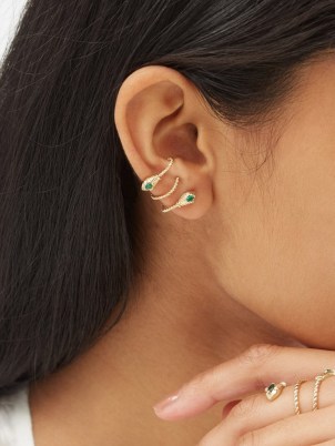 YVONNE LÉON Serpent diamond, malachite & 9kt gold earrings / womens snake themed jewellery - flipped
