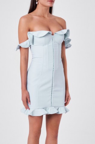 LAVISH ALICE micro ruffle corset mini dress in baby blue – ruffled bardot evening dresses – glamorous frill trim going out fashion - flipped