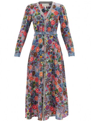 SALONI Lea V-neck blue floral-print silk maxi dress – long sleeve front button occasion dresses – flower prints - flipped