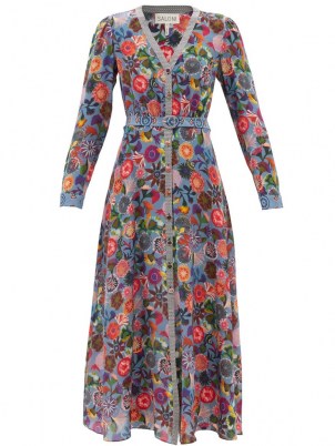 SALONI Lea V-neck blue floral-print silk maxi dress – long sleeve front button occasion dresses – flower prints