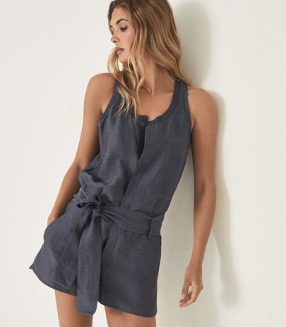 REISS MURPHY LINEN BLEND PLAYSUIT NAVY / chic dark blue sleeveless tie waist playsuits / womens summer fashion - flipped