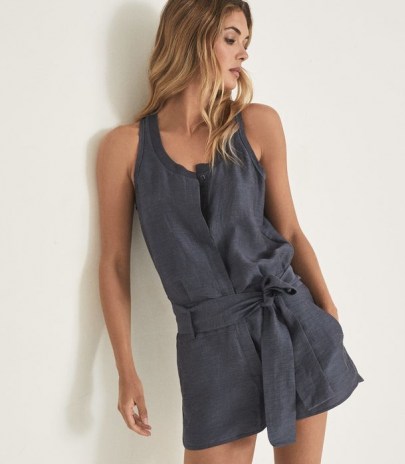 REISS MURPHY LINEN BLEND PLAYSUIT NAVY / chic dark blue sleeveless tie waist playsuits / womens summer fashion