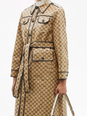 GUCCI GG-jacquard cotton-blend canvas trench coat | womens beige belted tie waist coats | women’s designer outerwear - flipped