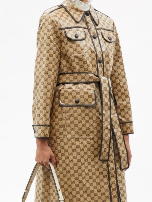 GUCCI GG-jacquard cotton-blend canvas trench coat | womens beige belted tie waist coats | women’s designer outerwear