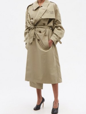 VETEMENTS Human Identity belted cotton-blend trench coat ~ womens designer slogan print coats ~ tie waist outerwear - flipped